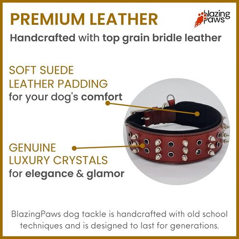 BlazingPaws® Sabrington 2 inch Wide Luxury Spike Leather Dog Collar for Large Dogs with Screw-on Spikes in Premium Black Bridle Leather and Soft Suede Leather Padding (Neck Size:19-22 Inches, Black) in Kuwait