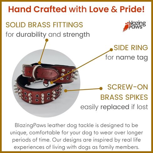 BlazingPaws® Sabrington 2 inch Wide Luxury Spike Leather Dog Collar for Large Dogs with Screw-on Spikes in Premium Black Bridle Leather and Soft Suede Leather Padding (Neck Size:19-22 Inches, Black) in Kuwait