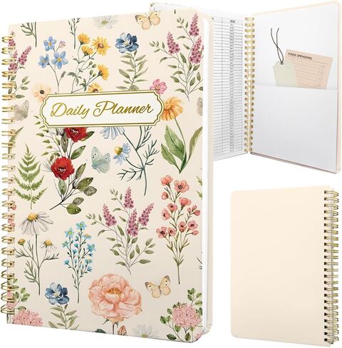 Undated Daily Planner - Spiral Notebook 80 Days One Day Per Page, Hourly Schedule, To-Do List, Notes, Everyday Planning Task, A5 Hardcover Journal Organizer Book Women Cute Aesthetic, Floral in Saudi Arabia