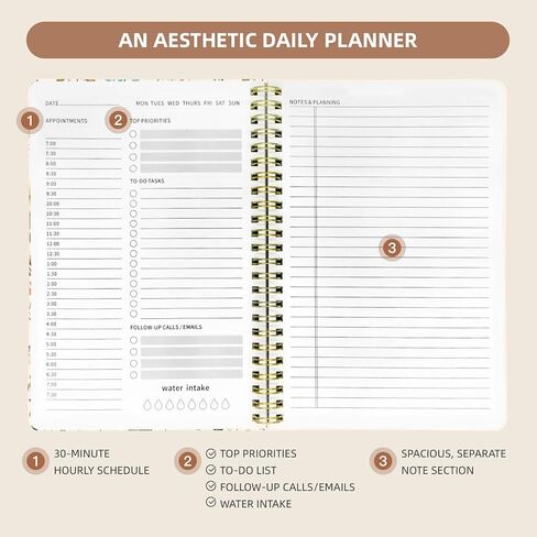 Undated Daily Planner - Spiral Notebook 80 Days One Day Per Page, Hourly Schedule, To-Do List, Notes, Everyday Planning Task, A5 Hardcover Journal Organizer Book Women Cute Aesthetic, Floral in Saudi Arabia