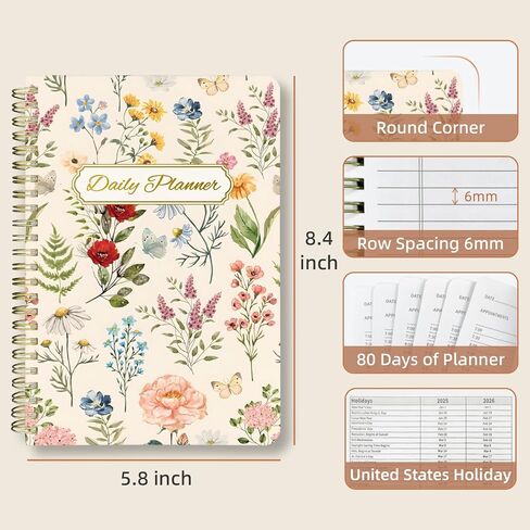 Undated Daily Planner - Spiral Notebook 80 Days One Day Per Page, Hourly Schedule, To-Do List, Notes, Everyday Planning Task, A5 Hardcover Journal Organizer Book Women Cute Aesthetic, Floral in Saudi Arabia