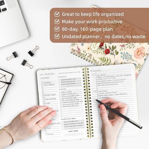 Undated Daily Planner - Spiral Notebook 80 Days One Day Per Page, Hourly Schedule, To-Do List, Notes, Everyday Planning Task, A5 Hardcover Journal Organizer Book Women Cute Aesthetic, Floral in Saudi Arabia