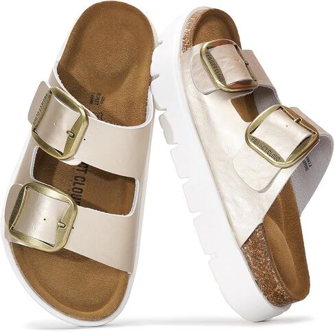 Project Cloud Genuine Leather Platform Sandals Women Footwear - Wedge Chunky Sandals Womens sandals with Memory Foam Insole and Cork Footbed (GREECECHUNKY,LIGD, 10) in Kuwait