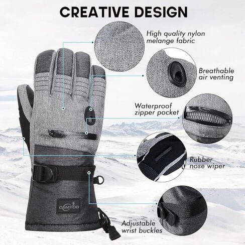 قفازات CAMYOD المقاومة للماء للتزلج على الجليد مع ثينسوليت 3M، جيب بسحاب، فتحة تهوية، قفازات الطقس البارد للرجال in Kuwait