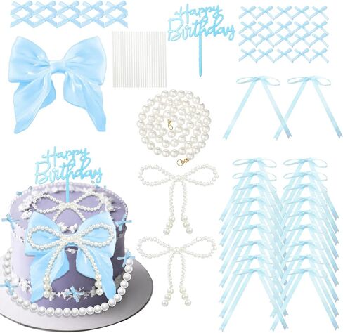 Pearl BowKnot Cake Toppers,Happy Birthday Cake Toppers,Ribbon Bows Cake Decoration Pearl Chain for Wedding Bridal Shower Birthday Bow Theme Party Decorative Supplies(Blue) in Saudi Arabia