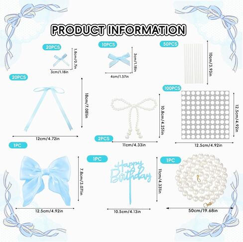 Pearl BowKnot Cake Toppers,Happy Birthday Cake Toppers,Ribbon Bows Cake Decoration Pearl Chain for Wedding Bridal Shower Birthday Bow Theme Party Decorative Supplies(Blue) in Saudi Arabia