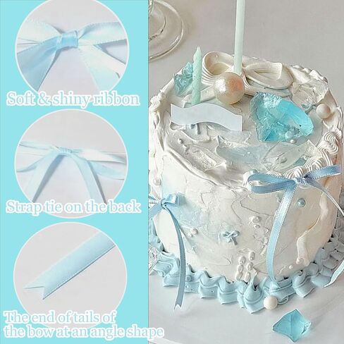 Pearl BowKnot Cake Toppers,Happy Birthday Cake Toppers,Ribbon Bows Cake Decoration Pearl Chain for Wedding Bridal Shower Birthday Bow Theme Party Decorative Supplies(Blue) in Saudi Arabia