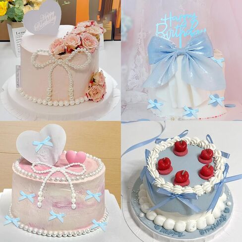 Pearl BowKnot Cake Toppers,Happy Birthday Cake Toppers,Ribbon Bows Cake Decoration Pearl Chain for Wedding Bridal Shower Birthday Bow Theme Party Decorative Supplies(Blue) in Saudi Arabia
