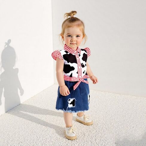 Lefyira Toddler Cowgirl Jean Outfit Cow Print Button Up قميص طفلة تعليق اللباس القوس جينز مجموعة ملابس غربية الملابس in Kuwait