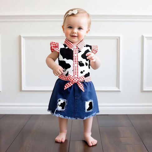 Lefyira Toddler Cowgirl Jean Outfit Cow Print Button Up قميص طفلة تعليق اللباس القوس جينز مجموعة ملابس غربية الملابس in Kuwait