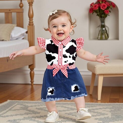 Lefyira Toddler Cowgirl Jean Outfit Cow Print Button Up قميص طفلة تعليق اللباس القوس جينز مجموعة ملابس غربية الملابس in Kuwait