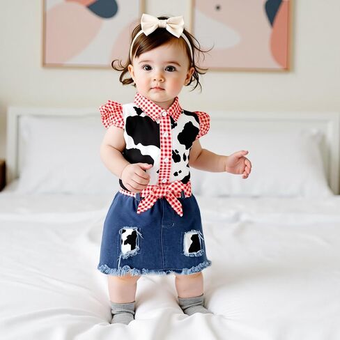 Lefyira Toddler Cowgirl Jean Outfit Cow Print Button Up قميص طفلة تعليق اللباس القوس جينز مجموعة ملابس غربية الملابس in Kuwait