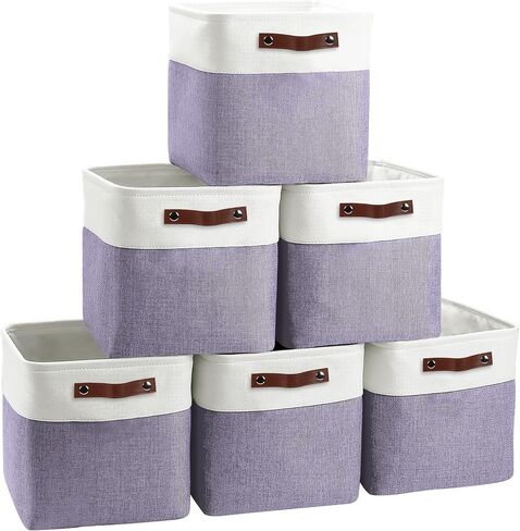 Cube Storage Baskets 6 Pack, 11x11 inch Foldable Cube Storage Bins with Leather Handles for Shelf Closet Nursery Toys (White/ Purple) in Saudi Arabia