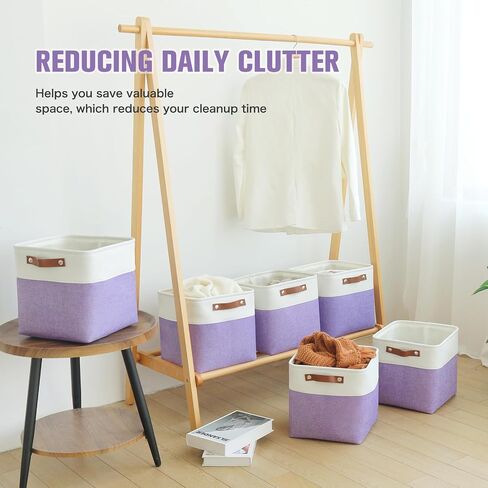 Cube Storage Baskets 6 Pack, 11x11 inch Foldable Cube Storage Bins with Leather Handles for Shelf Closet Nursery Toys (White/ Purple) in Saudi Arabia