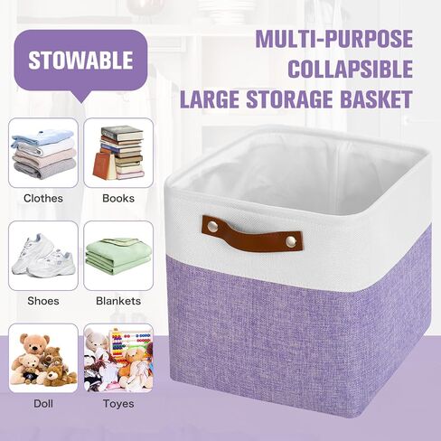 Cube Storage Baskets 6 Pack, 11x11 inch Foldable Cube Storage Bins with Leather Handles for Shelf Closet Nursery Toys (White/ Purple) in Saudi Arabia