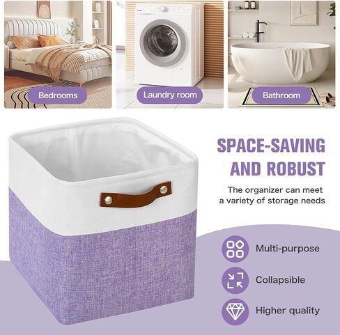 Cube Storage Baskets 6 Pack, 11x11 inch Foldable Cube Storage Bins with Leather Handles for Shelf Closet Nursery Toys (White/ Purple) in Saudi Arabia