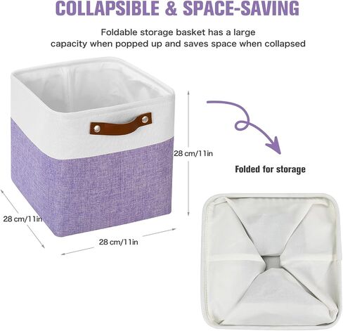 Cube Storage Baskets 6 Pack, 11x11 inch Foldable Cube Storage Bins with Leather Handles for Shelf Closet Nursery Toys (White/ Purple) in Saudi Arabia
