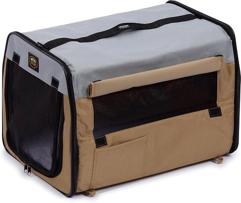 PET LIFE 'Easy Folding' Zippered Folding Collapsible Wire Framed Lightweight Pet Dog Crate Carrier, Medium, Khaki in Saudi Arabia