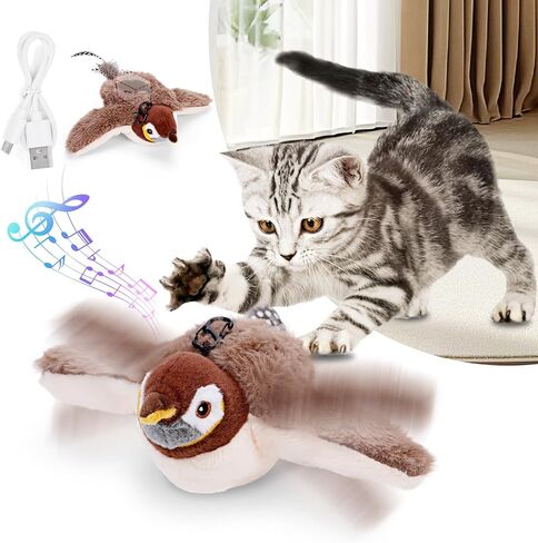 Flapping Bird Cat Toy, No Flying, Chirping Bird Cat Toy Flapping Wings, Interactive Toy for Kitten or Small Dogs, Touch Activated, Rechargeable (Bird*1) in Saudi Arabia