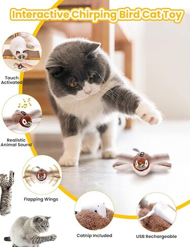 Flapping Bird Cat Toy, No Flying, Chirping Bird Cat Toy Flapping Wings, Interactive Toy for Kitten or Small Dogs, Touch Activated, Rechargeable (Bird*1) in Saudi Arabia