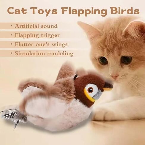 Flapping Bird Cat Toy, No Flying, Chirping Bird Cat Toy Flapping Wings, Interactive Toy for Kitten or Small Dogs, Touch Activated, Rechargeable (Bird*1) in Kuwait