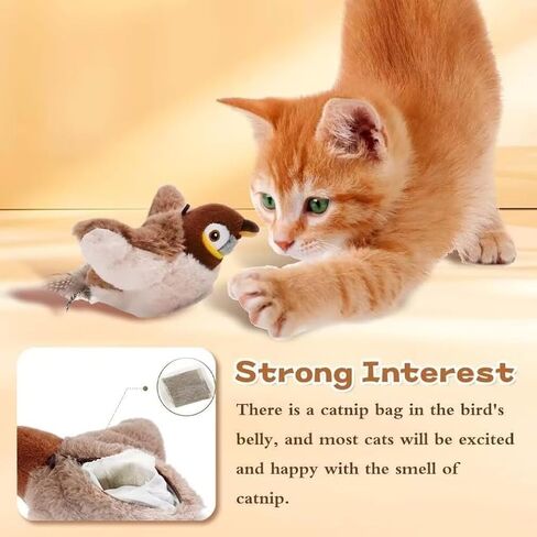 Flapping Bird Cat Toy, No Flying, Chirping Bird Cat Toy Flapping Wings, Interactive Toy for Kitten or Small Dogs, Touch Activated, Rechargeable (Bird*1) in Kuwait