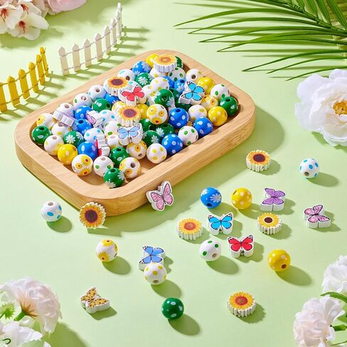 134pcs عباد الشمس عباد الفراشة الخشبية حبات خشبية ملونة من الخرز المطبوعة مصقولة المطبوعة بشكل كبير 15-20 ملم لسوار الحبل المجوهرات صنع مجوهرات الربيع الصيفي in Kuwait