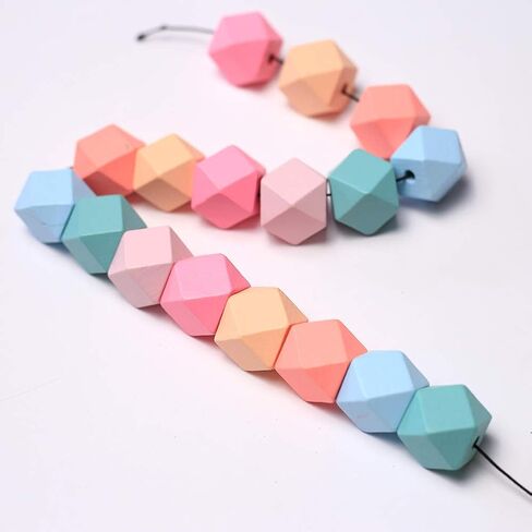 DAHI 15mm Wooden Beads Geometric Faceted Wooden Beads 70pcs Mixed Candy Wood Bead for DIY Jewellery Making Keychain DIY(15mm/70pcs) in Kuwait