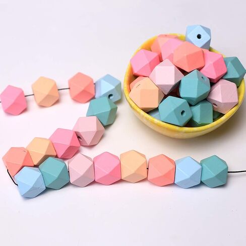 DAHI 15mm Wooden Beads Geometric Faceted Wooden Beads 70pcs Mixed Candy Wood Bead for DIY Jewellery Making Keychain DIY(15mm/70pcs) in Kuwait