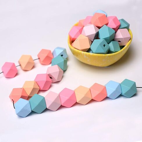 DAHI 15mm Wooden Beads Geometric Faceted Wooden Beads 70pcs Mixed Candy Wood Bead for DIY Jewellery Making Keychain DIY(15mm/70pcs) in Kuwait