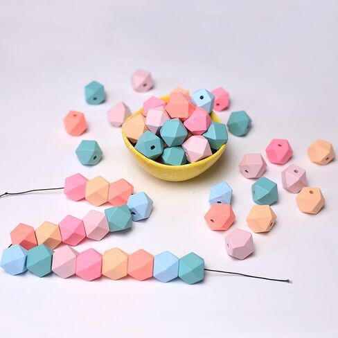 DAHI 15mm Wooden Beads Geometric Faceted Wooden Beads 70pcs Mixed Candy Wood Bead for DIY Jewellery Making Keychain DIY(15mm/70pcs) in Kuwait