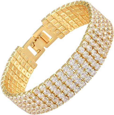 RIZILIA ICONIC Triple Rows 2mm x 4mm White Cubic Zirconia 18K White Gold Plated Wide Tennis Bracelet, 7" in Kuwait