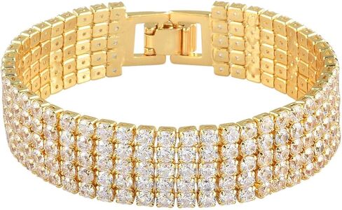 RIZILIA ICONIC Triple Rows 2mm x 4mm White Cubic Zirconia 18K White Gold Plated Wide Tennis Bracelet, 7" in Kuwait