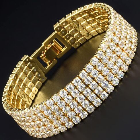 RIZILIA ICONIC Triple Rows 2mm x 4mm White Cubic Zirconia 18K White Gold Plated Wide Tennis Bracelet, 7" in Kuwait