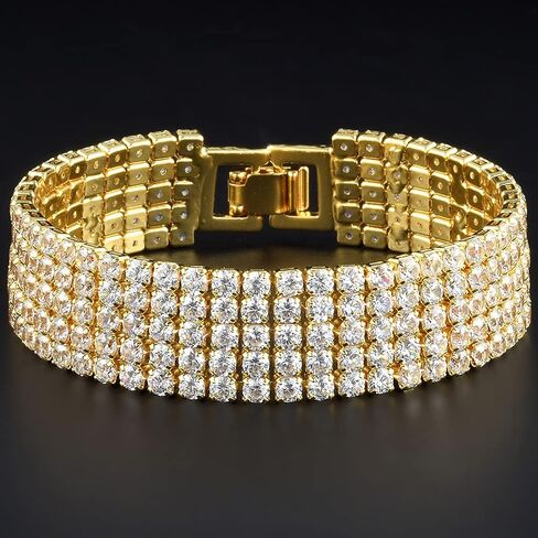 RIZILIA ICONIC Triple Rows 2mm x 4mm White Cubic Zirconia 18K White Gold Plated Wide Tennis Bracelet, 7" in Kuwait