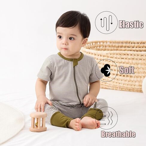 Feidoog Toddler Zipper Romper 2 Pack Cotton Short Sleeve One Piece Jumpsuit | Soft and Breathable,Fabric Neck Protector and Inside Zip, Toddler Romper Suit for 3 months - 24 month Baby Boys Girls in Kuwait