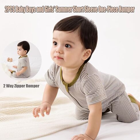 Feidoog Toddler Zipper Romper 2 Pack Cotton Short Sleeve One Piece Jumpsuit | Soft and Breathable,Fabric Neck Protector and Inside Zip, Toddler Romper Suit for 3 months - 24 month Baby Boys Girls in Kuwait