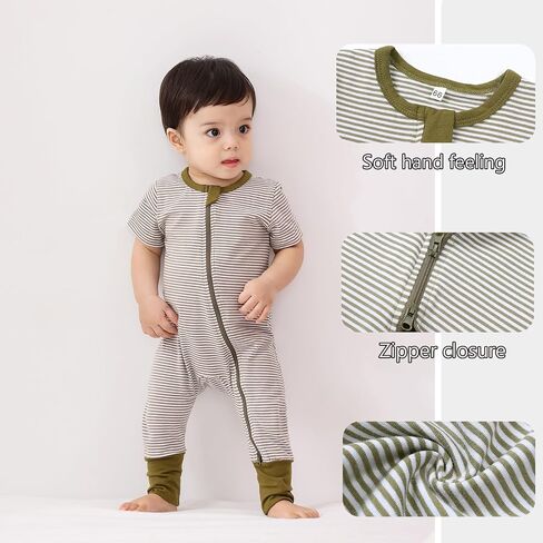 Feidoog Toddler Zipper Romper 2 Pack Cotton Short Sleeve One Piece Jumpsuit | Soft and Breathable,Fabric Neck Protector and Inside Zip, Toddler Romper Suit for 3 months - 24 month Baby Boys Girls in Kuwait
