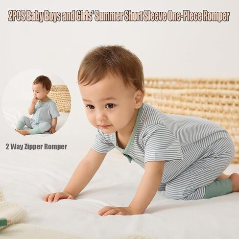 مجموعة من قطعتين من ملابس الأطفال الصغار بسحاب من القطن بأكمام قصيرة وسحاب في اتجاهين وقطعة واحدة in Kuwait