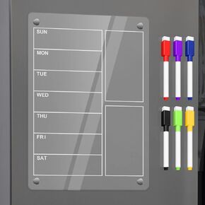 Acrylic Magnetic Weekly Planner for Fridge, Clear Weekly Meal Planner for Refrigerator with 6 Magnetic Erasable Markers 8"x12"
