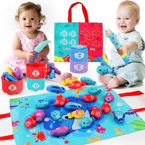 Cloth Fishing Game Toy & Stacking Cups Set - Montessori Toddler Toys for 1 Year Old | Educational Number Counting, Color Sorting, Shape Learning | Fun Learning Toy Gift for Boys & Girls Age 1-3