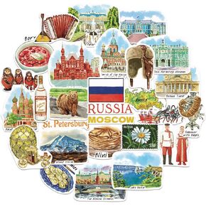 Navy Peony Fascinating Russia Travel Stickers (28pcs)-Hand-Illustrated, Moscow St. Petersburg-Themed Vacation Decals for Journals, Scrapbooks, Luggage