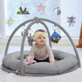 Hiseeme Baby Play Gym Mat, Thick & Plush Baby Playmats, Tummy Time Mat with 5 Sensory Toys for Newborn Development, Baby Activity Gym for Infant with Non-Slip Cushioned Foam Padding (Pink)