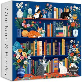 Cat Book Puzzles for Adults 1000 Pieces, PICKFORU Wildflower Pages Jigsaw Puzzle Bookshelf Library, Impossible Hard Floral Vase Theme for Book Lover