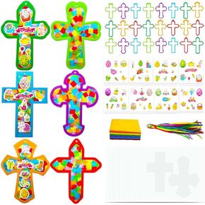 Auekiv Easter Cross Craft Kits - 24 Easter Tissue Paper Suncatcher تأثير زجاجي ملون ، فني فني مجموعة هدية مسيحية DIY.