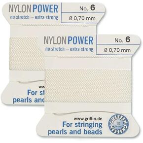 2 PCS Griffin Nylon Power Bead Beading Stringing Cord -Thread and Needle Size 6 White Color 0.7mm 2 Meter