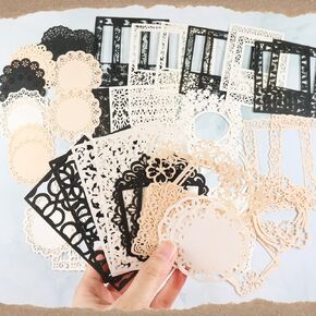 60 Pcs Cutout Lace Scrapbook Paper Vintage Scrapbooking Supplies Pack Flowers, Leaves, Butterfly, Window Frame Assorted Patterns for DIY Aesthetic Stationery Craft Decorative