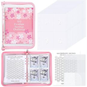 Augsun 100 Envelope Money Saving Challenge ، وتوفير التحدي الموثق مع Zipper & Challenge Tracker ، و A5 Book Book Thin Glitter Wost with Clear Card (Pink)
