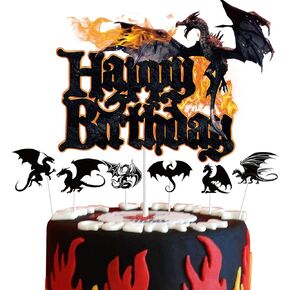 7pcs Dragon Happy Birthday Cake Topper Sets Black Glitter Dragon Knight موضوع عيد ميلاد مجموعة الديكور مجموعة Dragon Game Decoration Sets for Kids Boys Men