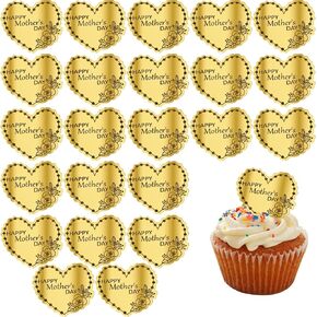 عيد أمهات سعيد كب كيك أعلى القبعات الأكريليك 24pcs كعكة القلب الذهب العليا محفورة أعلى